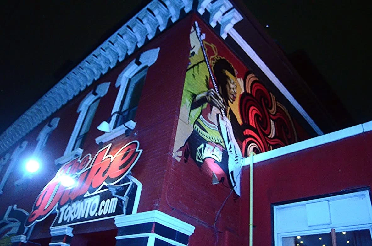The Duke Live building with Jimi Hendrix mural.